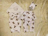 Летний муслиновый конверт + комбинезон с шапочкой для новорожденных, принт медвежата