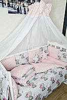 Детский постельный набор в кроватку для девочки, бело-розовый. Мишки