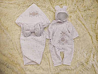 Летний муслиновый конверт + комбинезон с шапочкой для новорожденных, глитер золотые звездочки