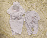 Літній мусліновий конверт + комбінезон із шапочкою для новонароджених, глітер золоті зірочки, фото 2