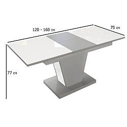 Сірий розсувний стіл з білим склом Х'юстон 120-160х75 см на одній ніжці у їдальню