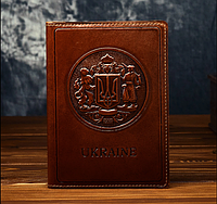 Обложка на паспорт с отделениями для документов "Герб Украины" из натуральной кожи с художественным тиснением