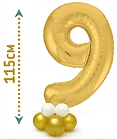 Цифра 9 фольгована золото на стійці-підставці з повітряних куль, композиція з цифрою