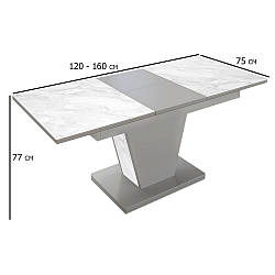 Сірий розсувний обідній стіл із білим склом Х'юстон 120-160х75 см під мармур на одній опорі у вітальню