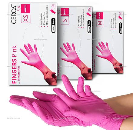 Рукавички нітрилові Ceros Pink, щільність 3.5 г. - рожеві (100 шт), фото 1