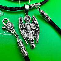 Серебряная подвеска Ангел Хранитель с черным шелковым шнурком на шею серебро 925 проба