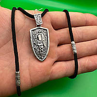 Серебряная подвеска Архангел Михаил на щите с черным шелковым шнурком серебро 925 проба