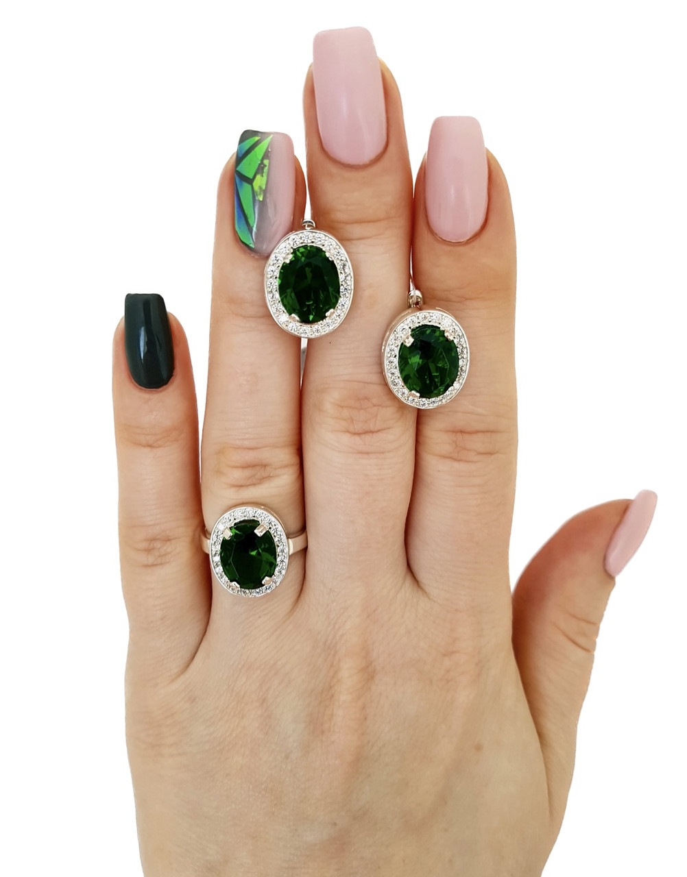 Срібний комплект прикрас з зеленим альпінітом і білим кубічним цирконієм — елегантне поєднання свіжості та блиску, фото 1