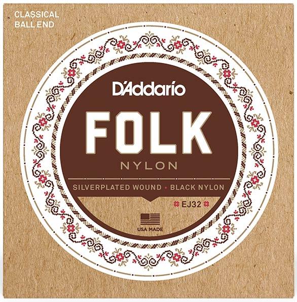 Струни для класичної гітари D'Addario EJ32 FOLK NYLON Ball End Silver Wound/Black Treble, фото 1
