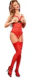 Мереживне боді червоного кольору з оголеними грудьми + капронові панчохи, фото 3