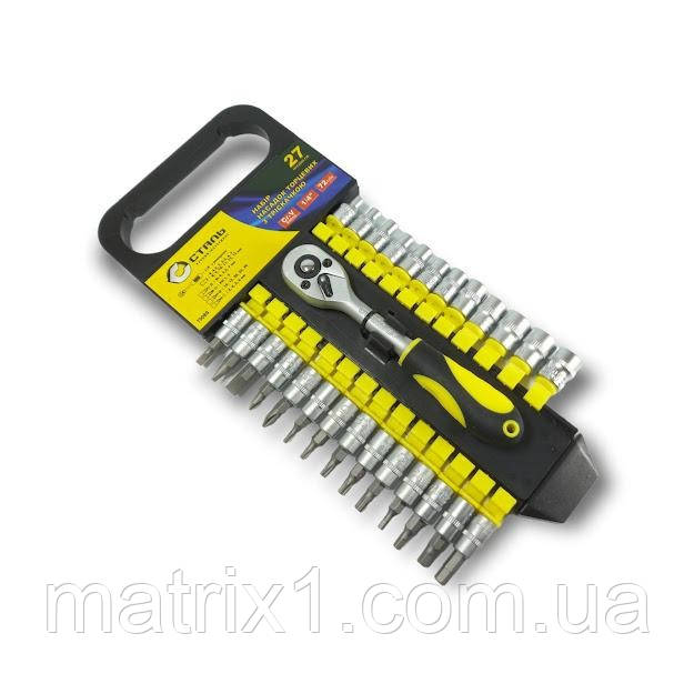 Набір головок і насадок торцевих із тріскачкою 1/4", 27 од. СТАЛЬ 70089, фото 1