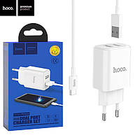 Мережевий зарядний пристрій Hoco C62A 2 USB 2.1 A  + кабельType-C white