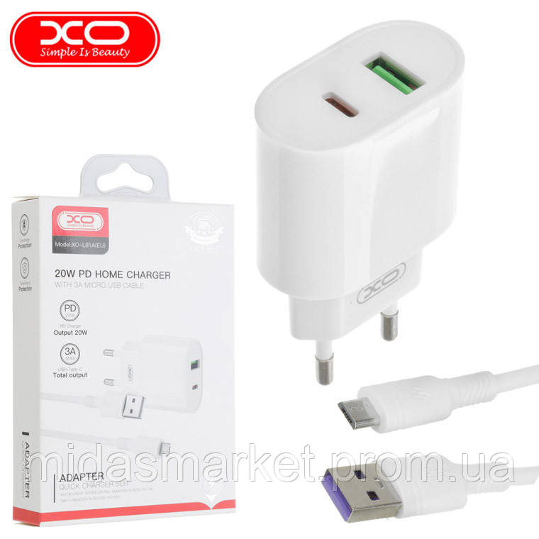 Мережевий зарядний пристрій XO L81A QC 3.0 PD 1 USB 18W + кабель micro-USB white