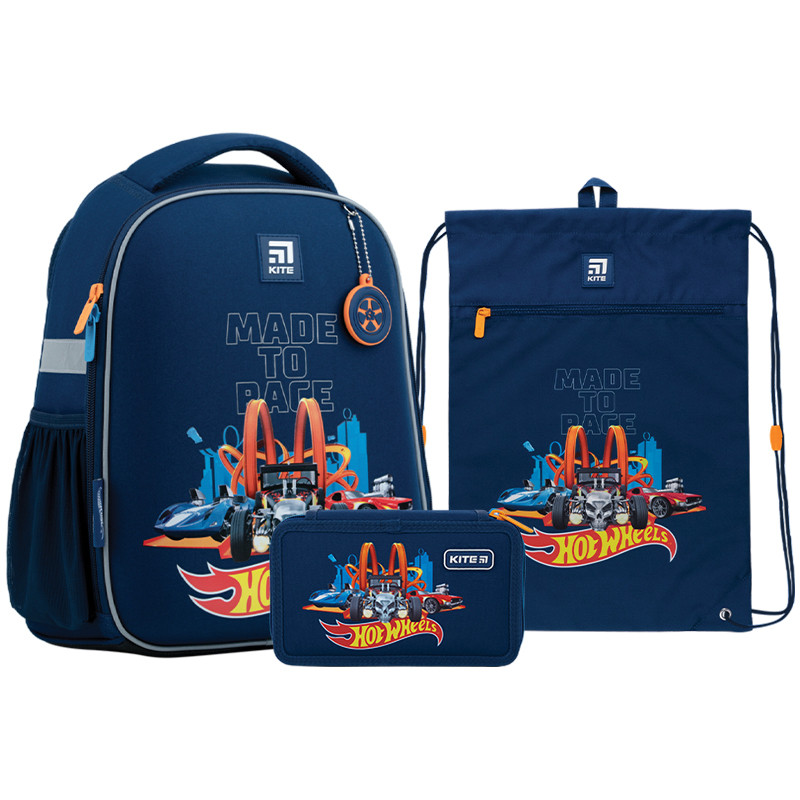 Шкільний набір рюкзак + пенал + сумка Kite Hot Wheels HW22-555S 832 г 35x26x13.5 см синій, фото 1