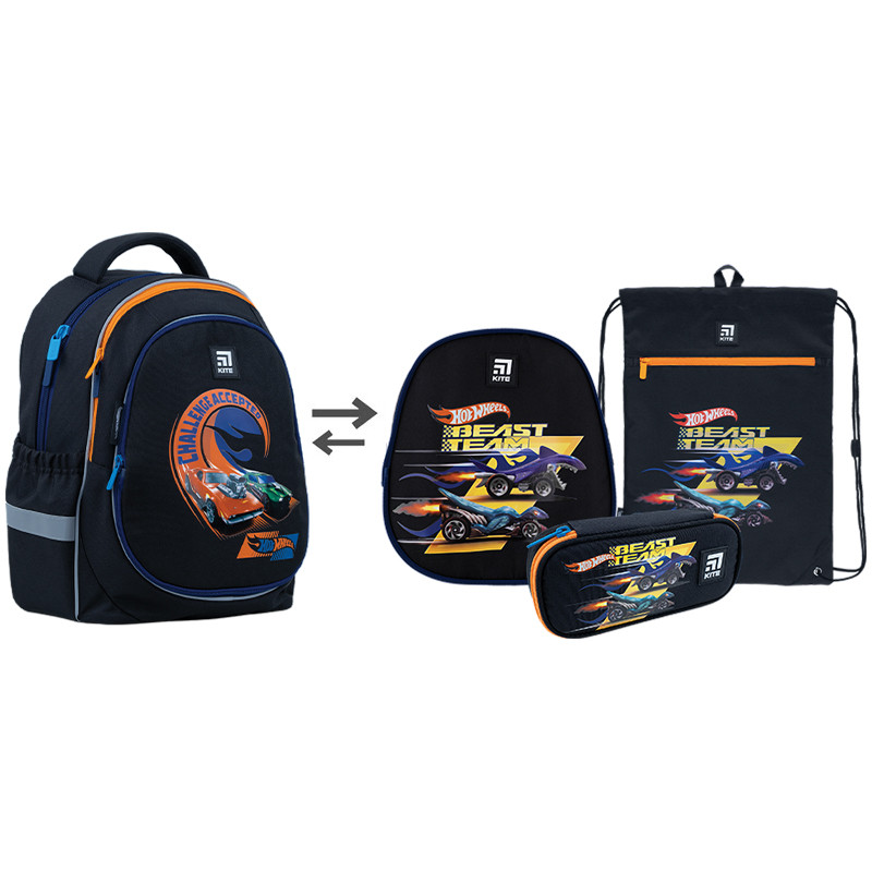 Шкільний набір рюкзак + пенал + сумка Kite Hot Wheels HW22-700M(2p) 852 г 38x28x16 см чорний