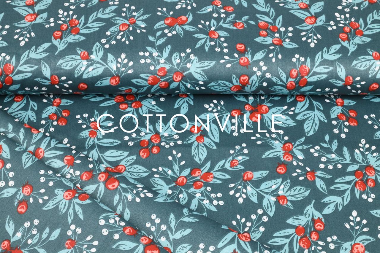 Сатин-твіл Ягідки на синьо-зеленому