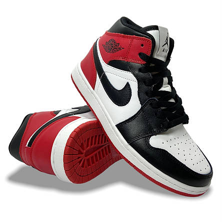 Кросівки чоловічі осінні Nike Air Jordan 1 шкіряні зі шнурівкою чорні білі червоні демі осінь/весна, фото 1