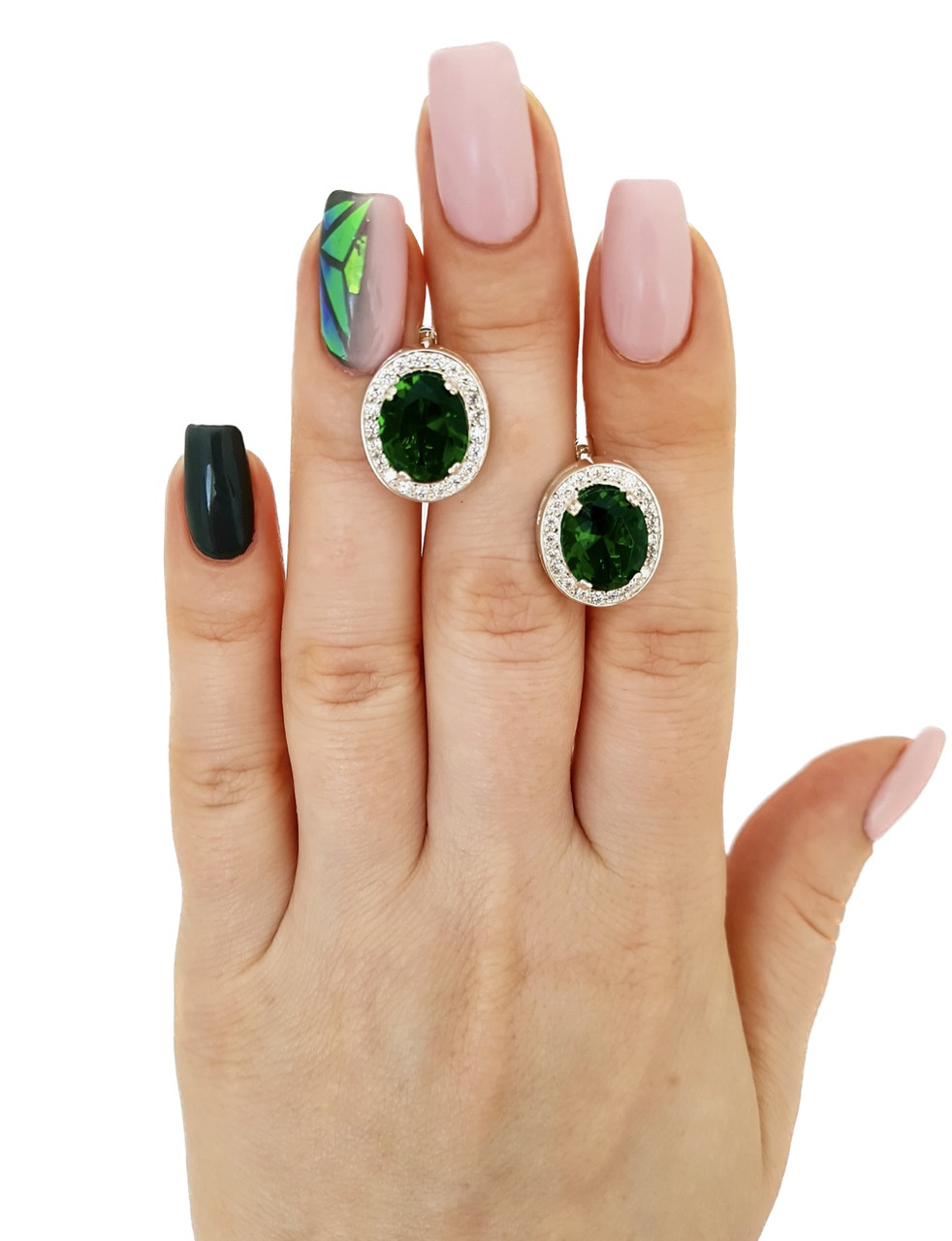 Срібні сережки з зеленим альпінітом і білим кубічним цирконієм — елегантне поєднання свіжості та блиску, фото 1