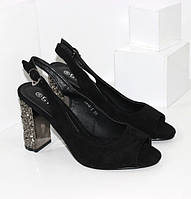 Босоножки замшевые женские черные на высоких блестящих каблуках