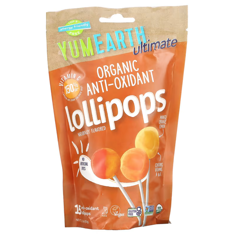 Льодяники Organic Anti-Oxidant Lollipops Mango Orange Lemon YumEarth Ultimate 15 льодяників