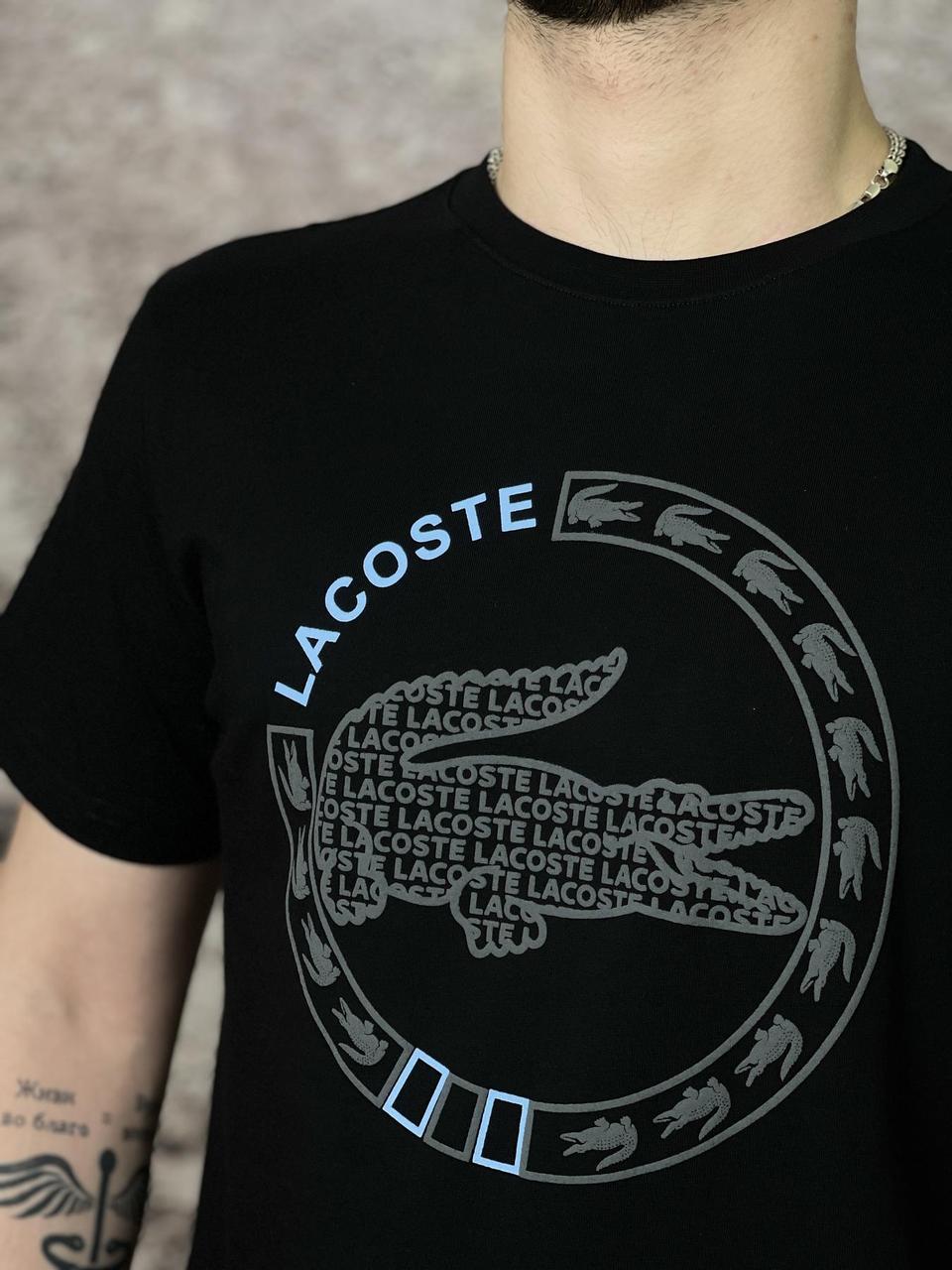 Футболка мужская Lacoste черная с голубым логотипом спортивная брендовая повседневная крутая для мужчин КМ M - фото 2 - id-p1820726694