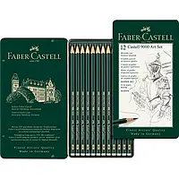 Набір чорнографітних олівців 12 шт CASTELL 9000 Faber-Castell (в метал. пеналі, різних тв. 8B-2H) 119065