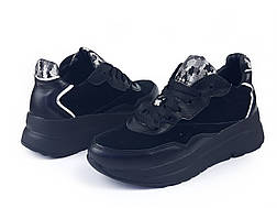 Кросівки чорні жіночі модні шкіряні на високій платформі для дівчат 32 33 34 35 36 37 38 39 40 41, фото 2