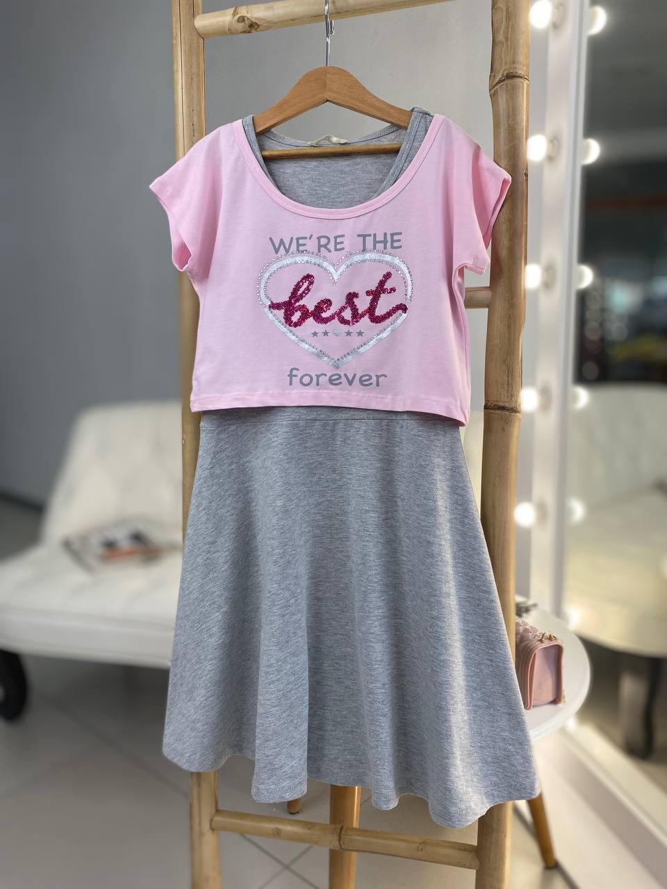 Комплект для дівчинки 2-а сіра сукня + рожевий топ Breeze, Серо-Розовый, Девочка, Лето, 152 см, фото 1
