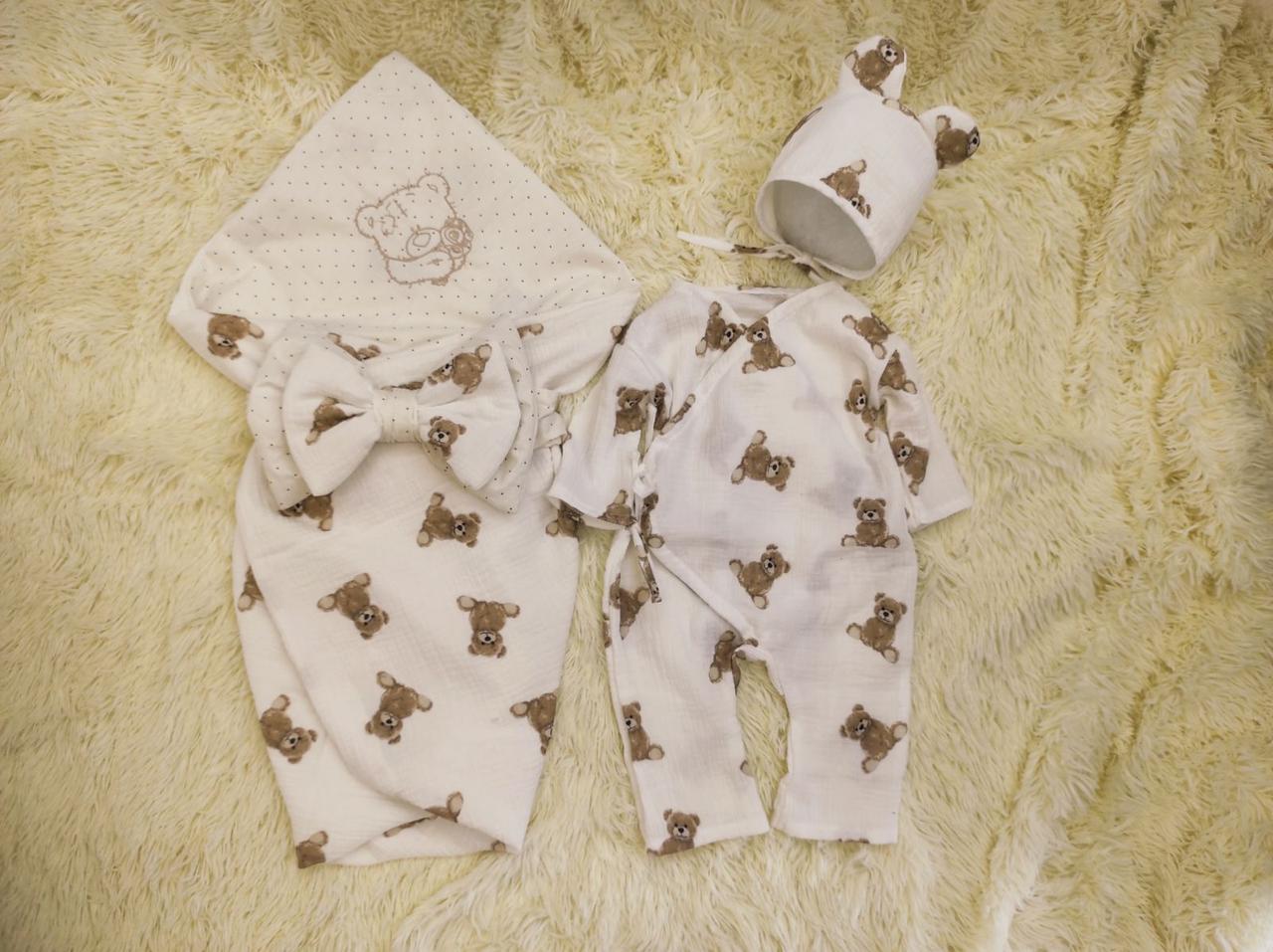 Мусліновий комплект одягу з принтом на виписку для новонароджених, молочний