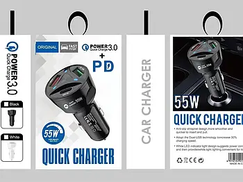 Зарядний пристрій 12В 3,1А 55Вт QC3.0 USBx2 Type-Cx1 WGS-G35Y-PD