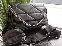Стеганая женская черная сумочка с кошельком