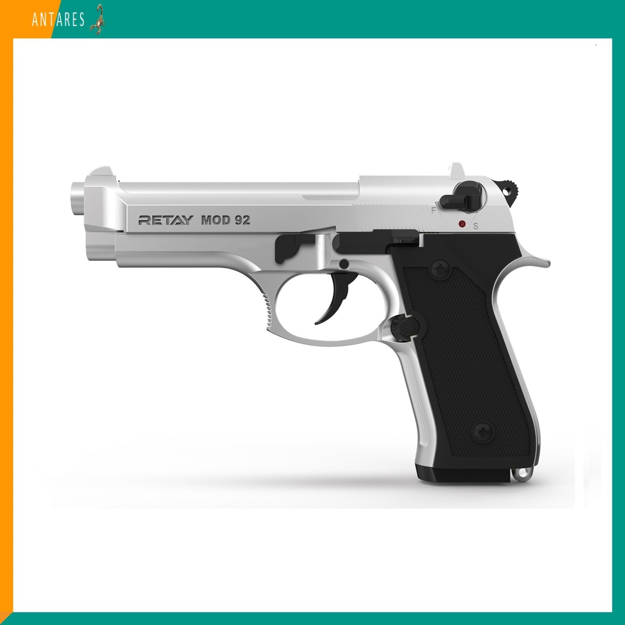 Пістолет стартовий Retay Mod. 92 Beretta сигнально-шумовий пугач під холостий патрон хром Ретай Беретта (S140110C)