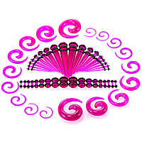 Набір розтяжок у вуха (54 шт.). Плаги та розтяжки конусні та спіральні для тунелів у вуха