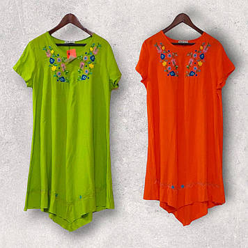 Жіноче штапельне плаття з вишивкою на літо розмір overzase 46-52 зелене, помаранчеве 100% Бавовна