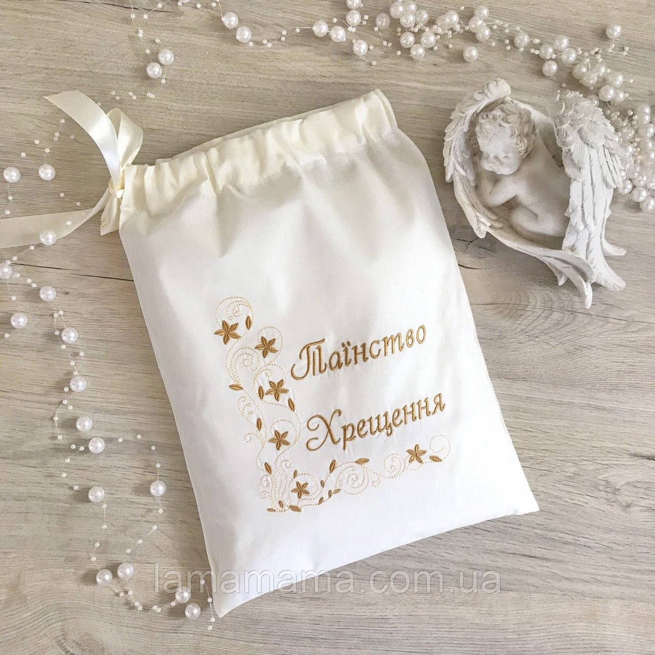 Мішечок для зберігання хрестильних атрибутів "Таїнство Хрещення" Поплін Молочний/Золото 30х40 см BetiS, фото 1