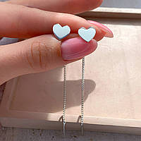Серебряные серьги цепочки сердце, серьги серебро протяжки на две стороны уха с сердечками