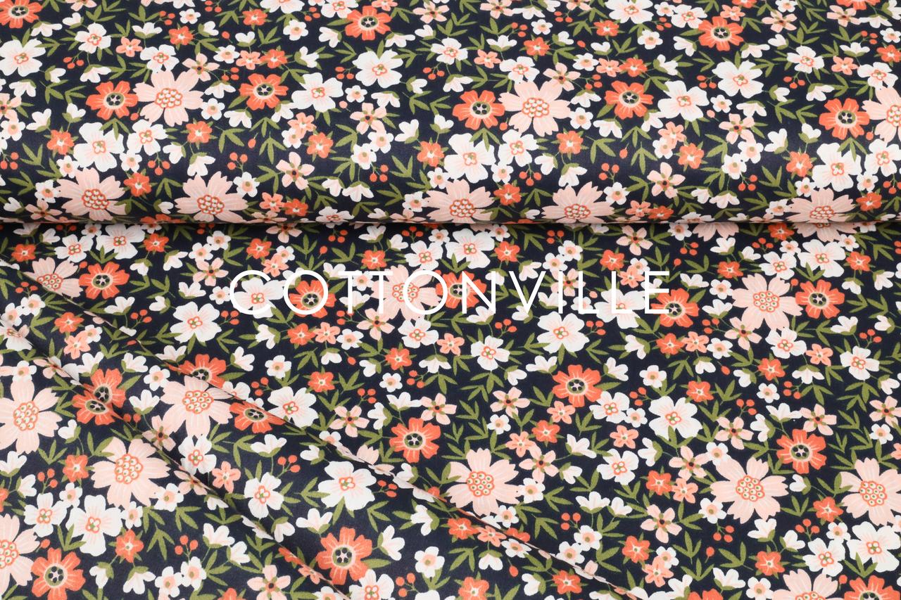 Сатин-твіл Персиково-оранжеві квіти на темно-синьому