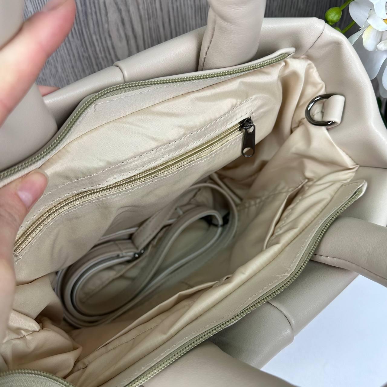 Женская дутая сумочка на плечо, качественная классическая мягкая сумка для девушек под Zara Бежевый - фото 9 - id-p1820972169