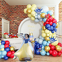 Набор 130 шаров для фотозоны Белоснежка с коронами Синий и желтый