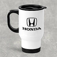 Автомобильная термокружка с маркой авто HONDA / Хонда, металлическая 450 мл, белая