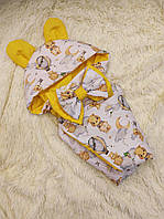 Детский конверт с ушками деми/лето на выписку/прогулку "Зверьки в облаках" желтый