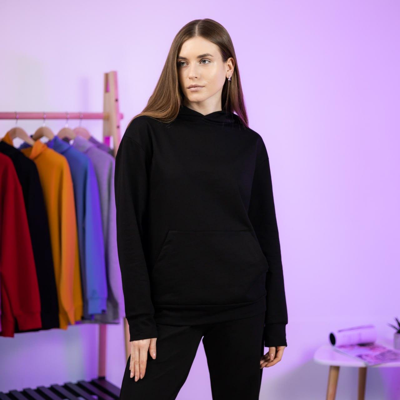 Толстовка жіноча чорна весняна літня двонитка кофта з капюшоном, фото 1