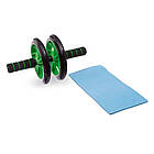 Ролик для преса подвійний Зелений + килимок Profi Sports / Гімнастичний тренажер колесо для преса, фото 9