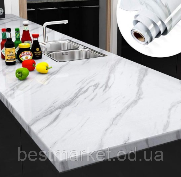 Водонепроникна Самоклейна Мармурова плівка для Кухонних Поверхнестей 60 см х 2 м Біла