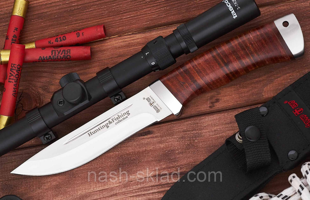 Ніж для полювання і риболовлі Барнаул , з рукояттю з набірної шкіри + ексклюзивні фото