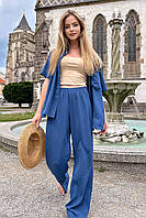 Жіночий синій легкий костюм з сорочкою та брюками