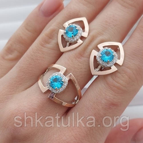 Комплект прикрас каблучка та сережки зі срібла з золотом та кольоровими фіанітами