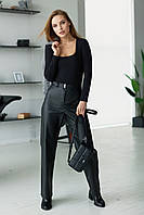 Женские стильные прямые черные кожаные брюки