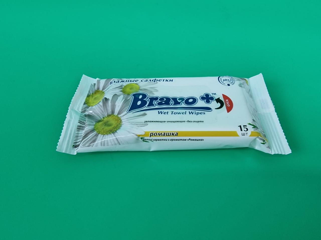 Волога серветка 15 шт Bravo "Ромашка" (1 пачка), фото 1