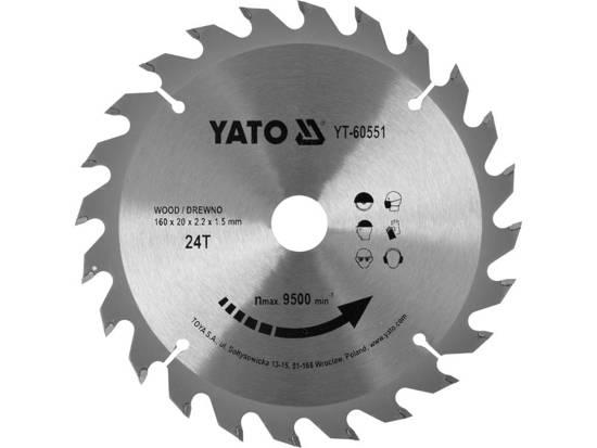 Диск пиляльний победітовий по дереву YATO Польша: 160x20x2.2x1.5 мм, 24 зубці, R.P.M до 9500 1/хв YT-60551